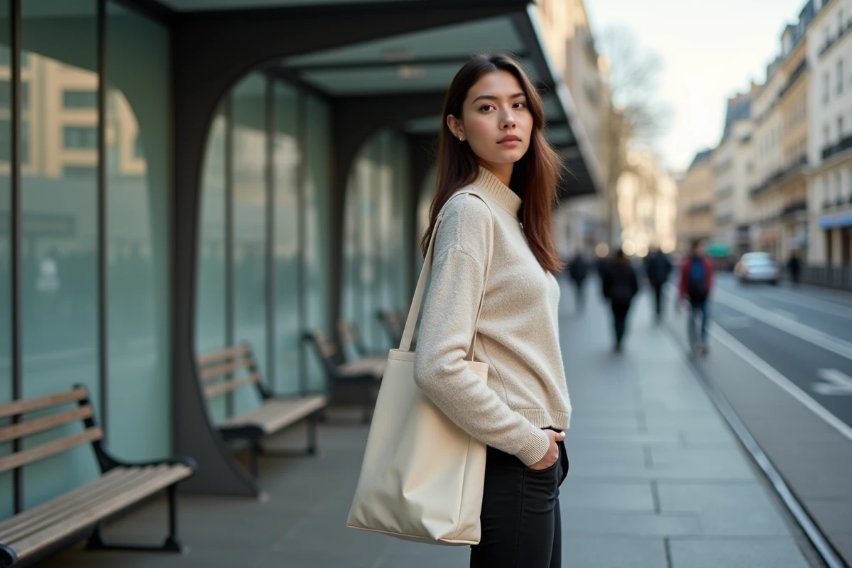 Jeune femme attendant au arrêt de tram dans Mille avec sac en toile