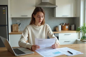 Jeune femme vérifiant un contrat de location dans une cuisine moderne