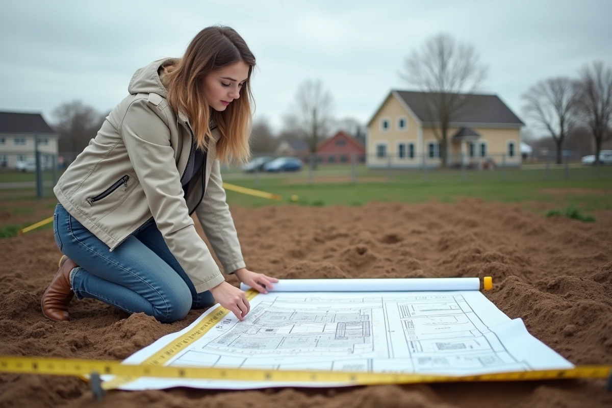 Jeune femme déployant un plan de site sur le sol en milieu semi-urbain