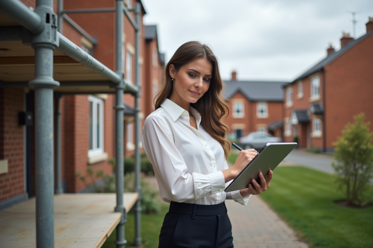 Jeune femme en extérieur annotant plans de rénovation sur tablette