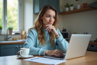 Jeune femme en intérieur remplit une demande de logement
