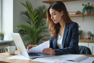 Jeune femme en blazer assemble des papiers dans un appartement moderne