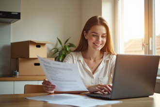 Jeune femme avec documents et ordinateur dans la cuisine