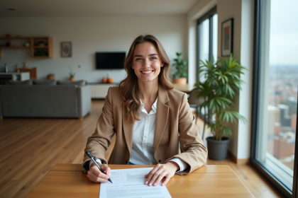 Jeune femme signant un bail dans un appartement lumineux