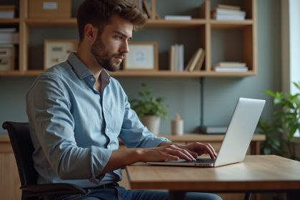 Jeune homme concentré sur son ordinateur dans un appartement