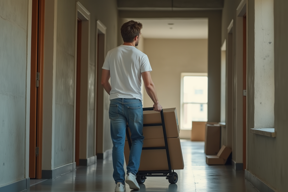 Jeune homme poussant une caisse dans un couloir d'appartement