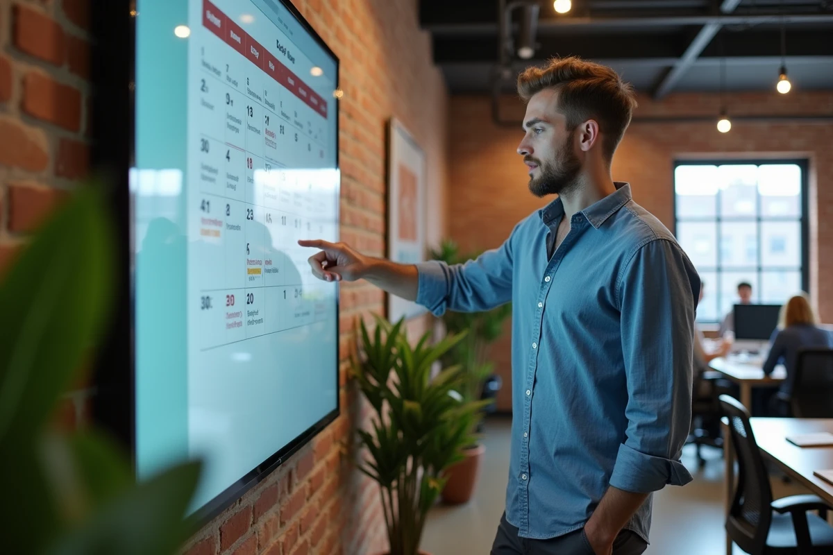 Jeune homme discutant devant un planning numérique