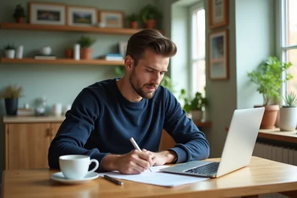 Jeune homme en sweater bleu remplissant des papiers de location
