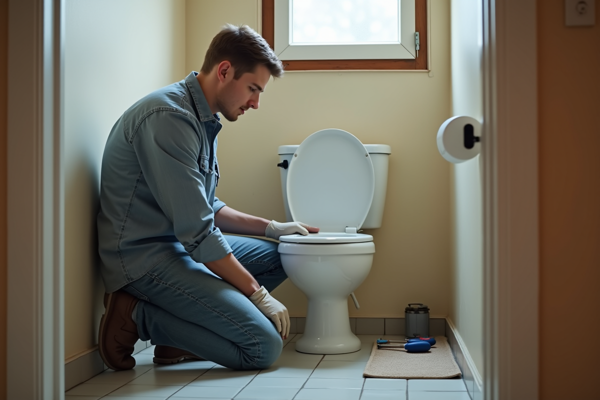 Jeune homme vérifiant une toilette en cours d