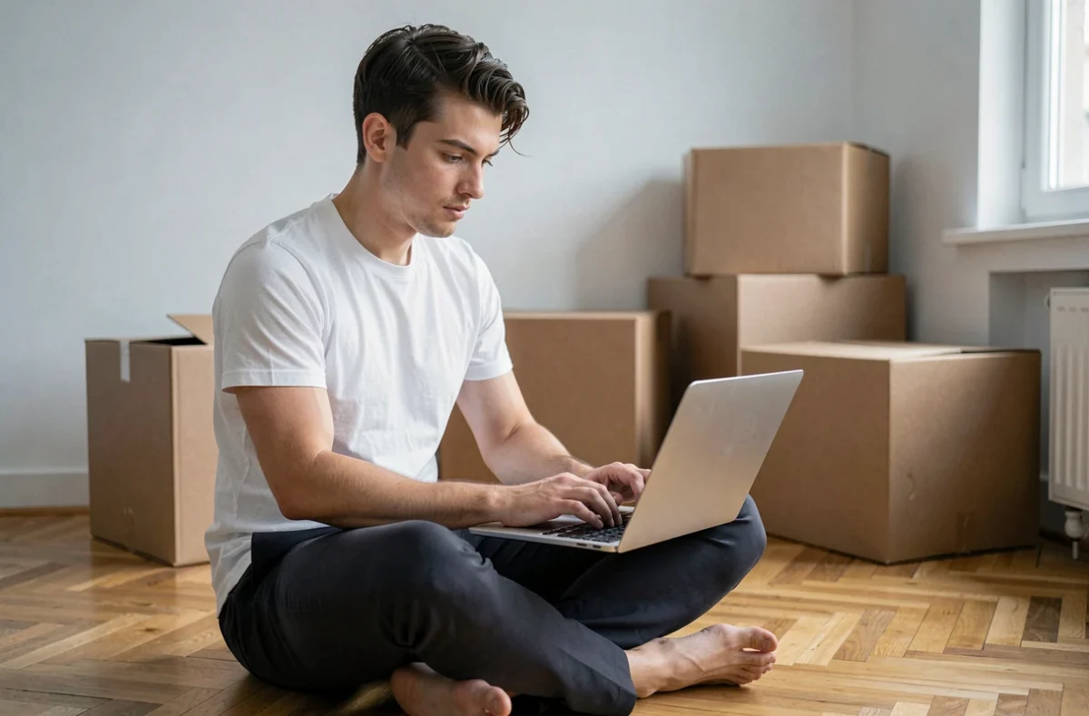 Jeune homme cherchant une assurance habitation pour son studio sur ordinateur