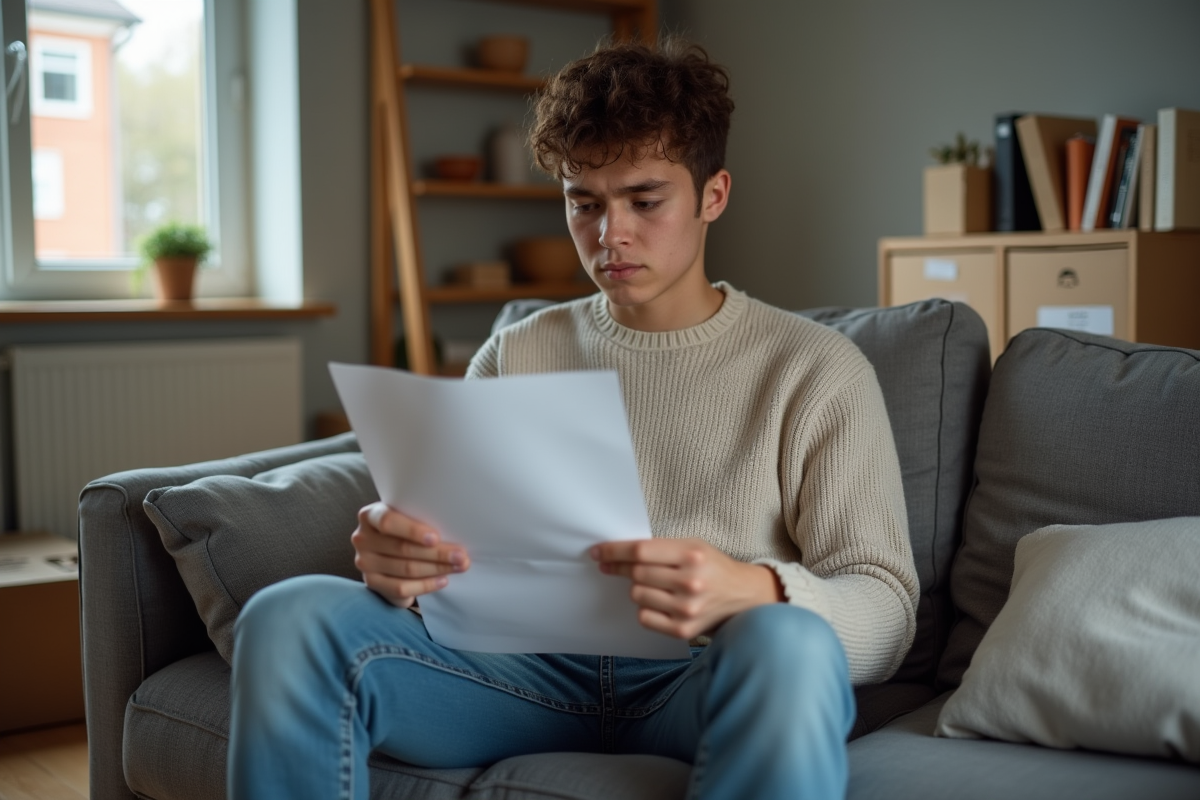 Jeune locataire lit une lettre dans un salon avec cartons