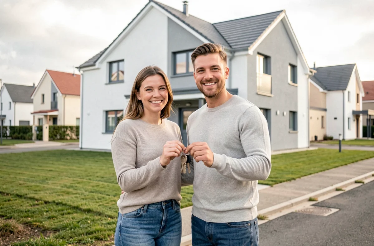 Couple heureux devant leur maison neuve construite par Joyeux Constructions, tenant leurs clés avec le sourire