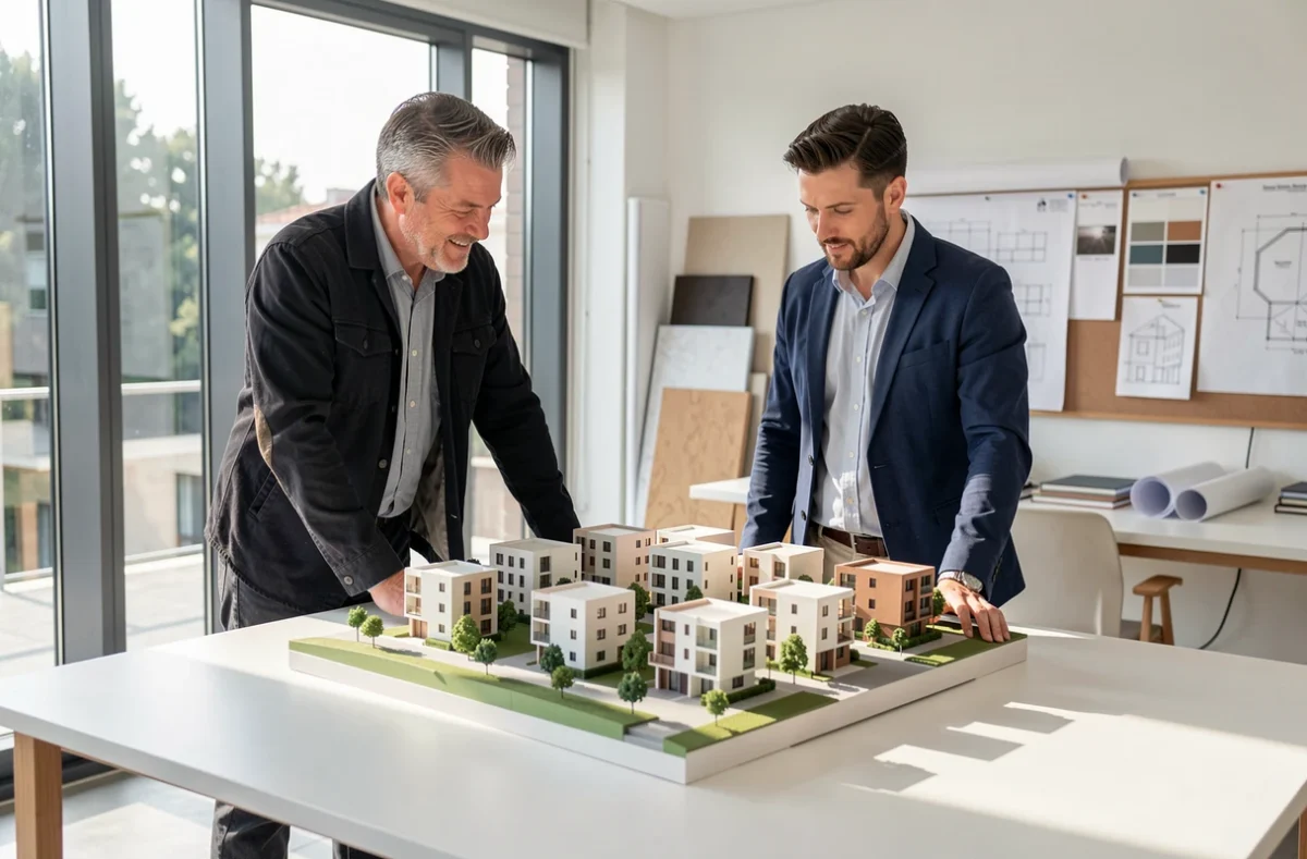 Architectes des Nouveaux Constructeurs étudiant une maquette de projet résidentiel