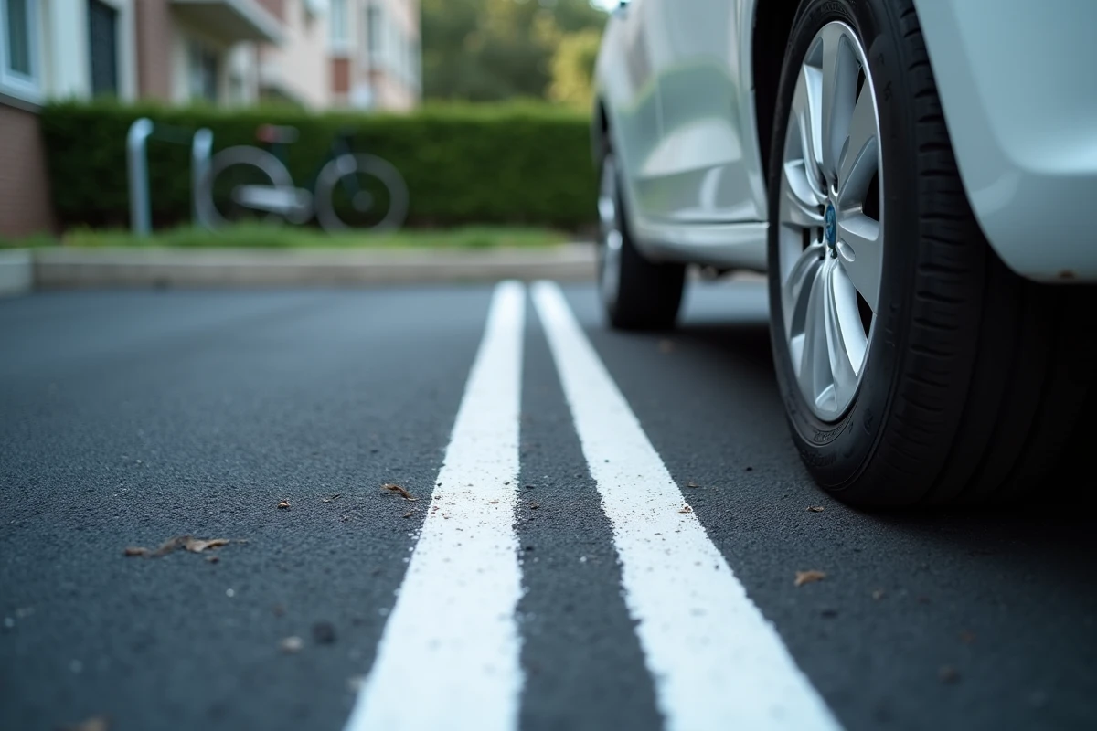 Gros plan sur les lignes de délimitation d'une place de parking avec marge réduite entre deux véhicules