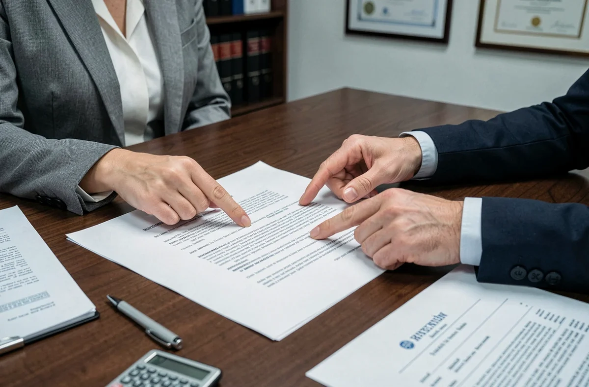 Mains pointant les clauses d'un contrat de gestion locative lors d'un litige entre propriétaire et agence