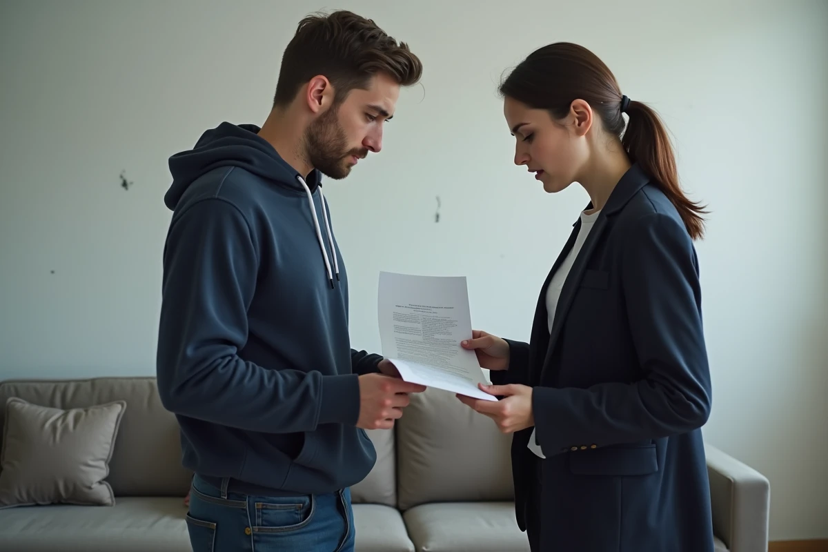 Locataire et gestionnaire immobilière discutant d'un litige sur la restitution de caution dans un appartement meublé
