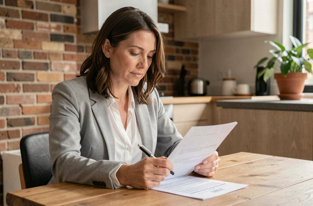 Locataire lisant un contrat de location et d'assurance habitation à sa table de cuisine