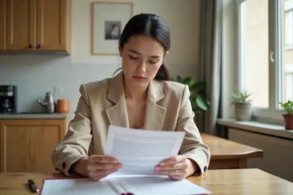 Femme locataire examinant un contrat de location meublée à la table d'un appartement, illustrant les démarches liées à la restitution de caution