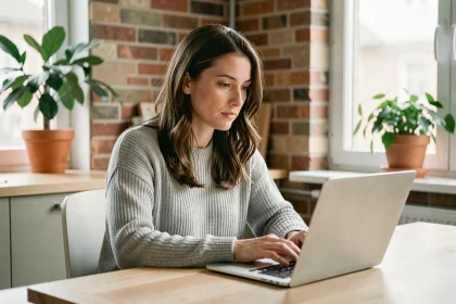 Locataire consultant son espace en ligne My Foncia sur un ordinateur portable dans son appartement