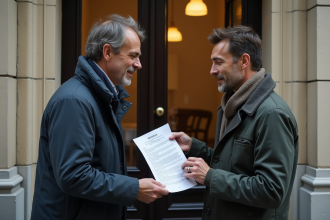 Propriétaire français remettant un avis d'expulsion à un locataire devant un immeuble parisien