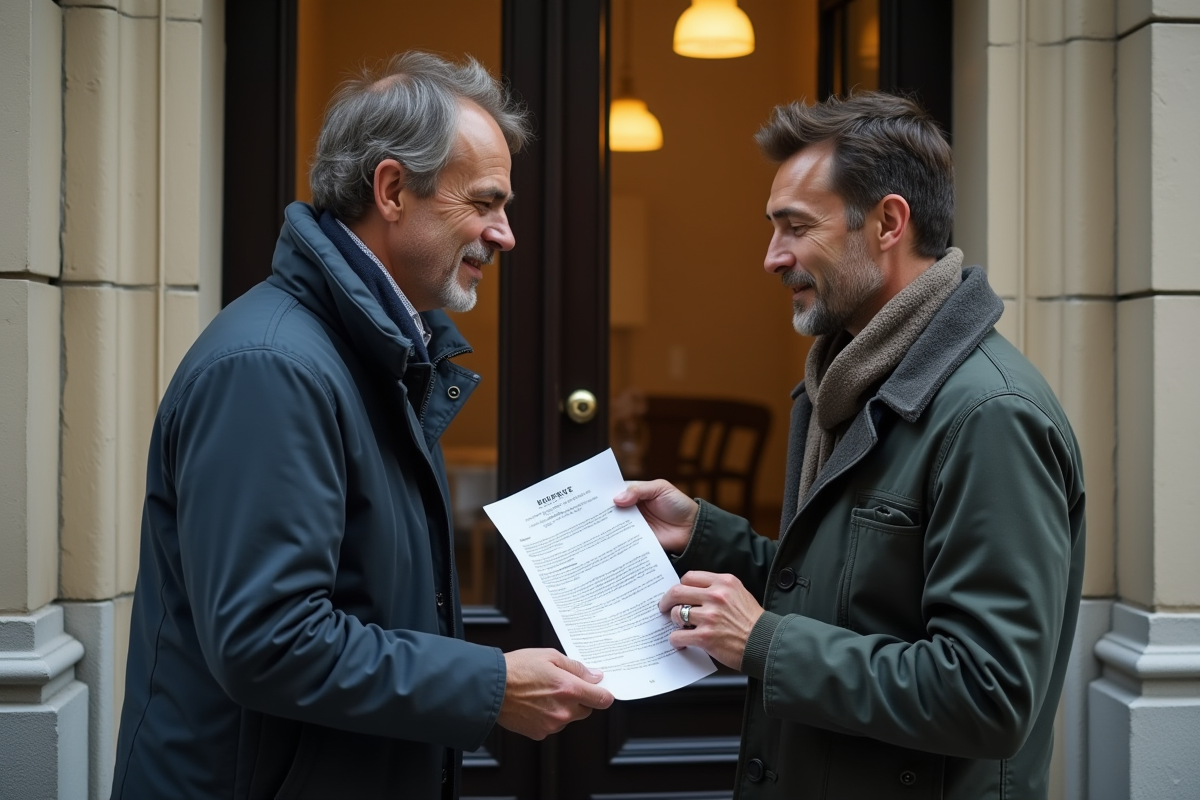 Propriétaire français remettant un avis d'expulsion à un locataire devant un immeuble parisien