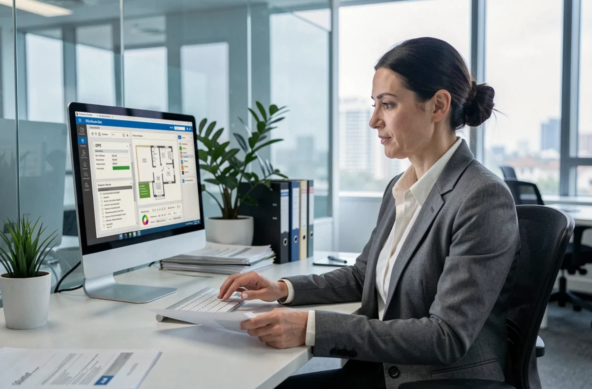 Professionnelle de l'immobilier analysant un logiciel de diagnostic DPE sur ordinateur de bureau dans une agence immobilière moderne