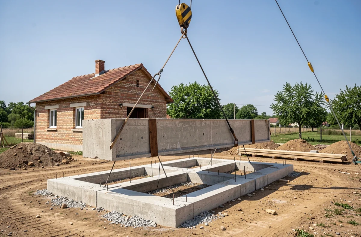 Longrine préfabriquée posée à la grue sur des plots en béton