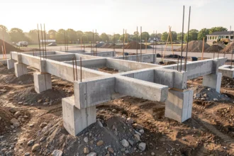 Longrines de fondation coulées entre des semelles sur un chantier
