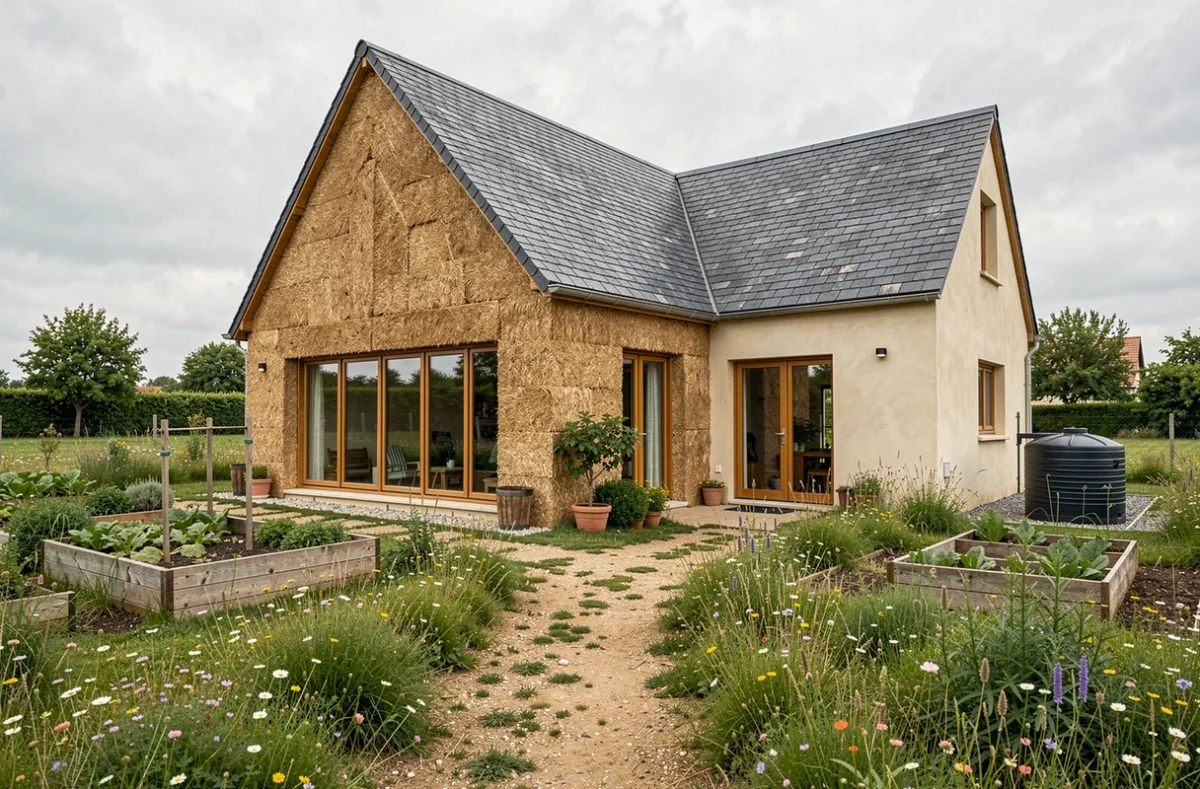 Maison écologique construite par Maison Bionat dans la Vienne, avec enduit chaux-paille et jardin naturel fleuri