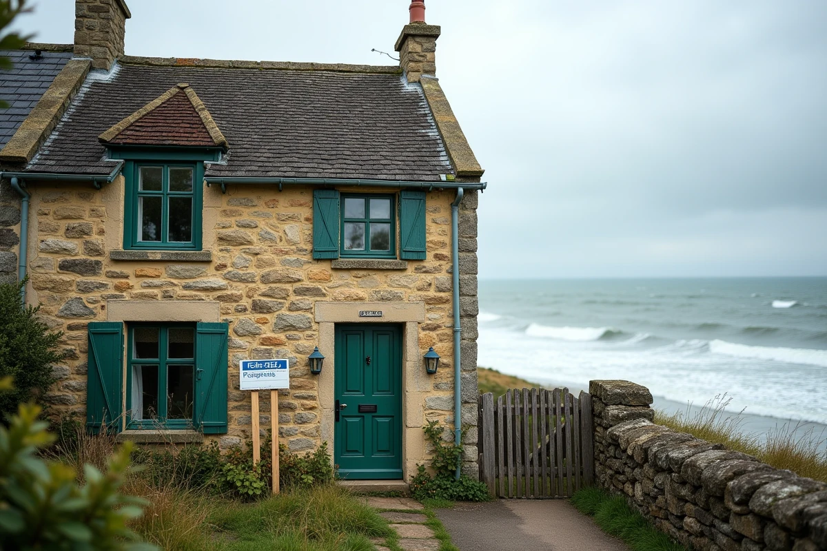 Maison en pierre normande avec vue sur la mer et panneau à vendre, cottage de pêcheur typique du littoral normand abordable