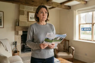 Femme inquiète tenant une brochure immobilière dans une maison normande à vendre suite à un divorce dans la Manche