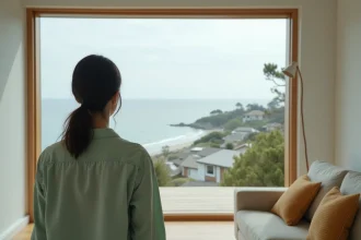 Femme contemplant une vue mer partielle depuis le salon d'une maison côtière avec fenêtre panoramique