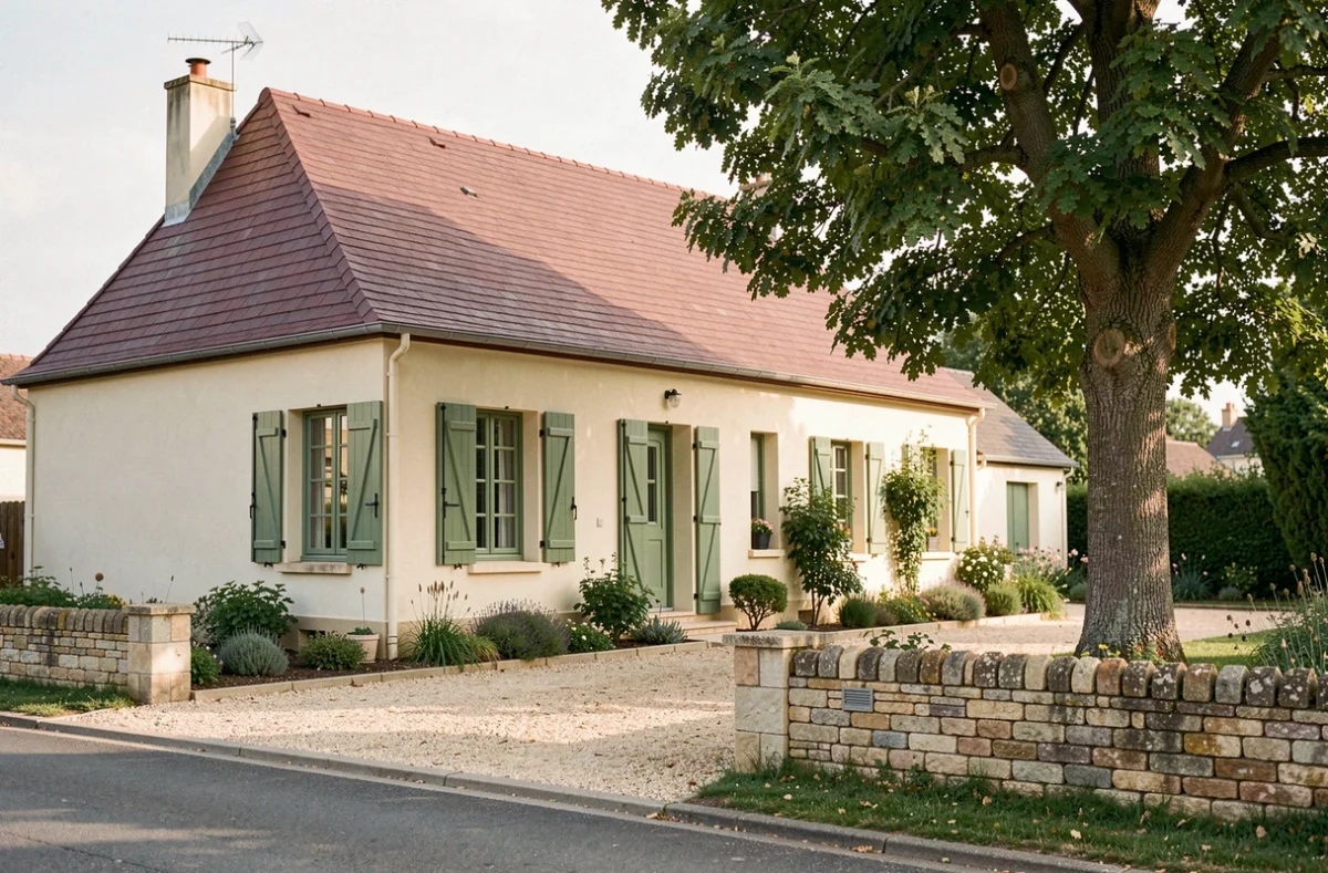 Maison traditionnelle construite par Maisons Babeau Seguin agence de Poitiers, avec volets verts et toit en tuiles