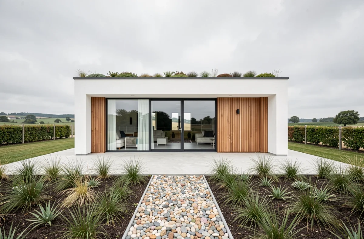 Maison contemporaine construite par Maisons Bebium en Nouvelle-Aquitaine, avec bardage bois et toiture terrasse végétalisée