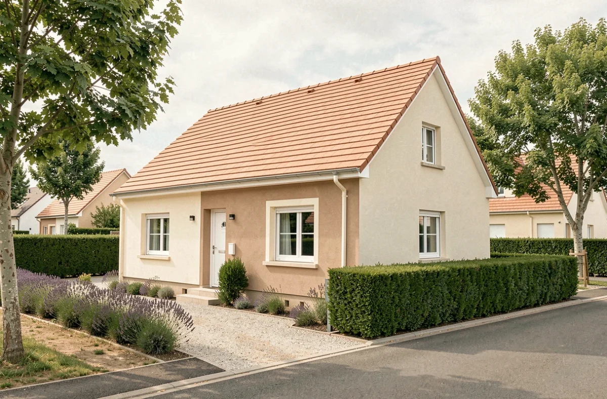Maison neuve construite par Maisons IVI dans la Vienne, avec toit en tuiles et jardin avec lavande