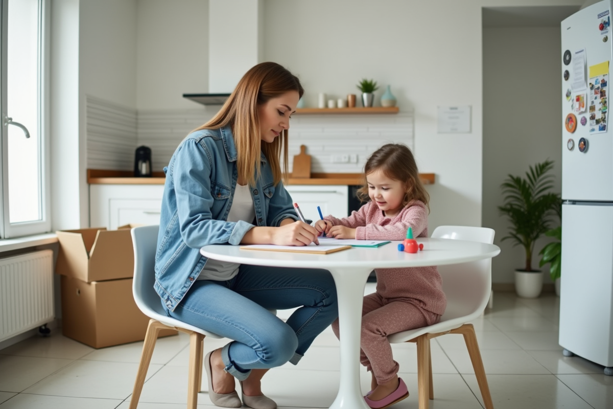 Maman remplissant des papiers avec sa fille dans la cuisine