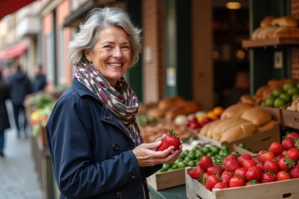Femme dégustant des fraises au marché de Carmes à Toulouse