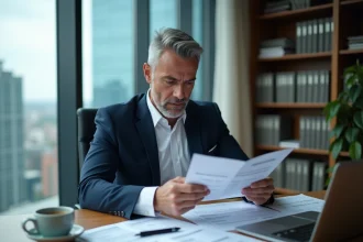 Marchand de biens en costume marine analysant des documents fiscaux et juridiques avant la signature d'un compromis de vente