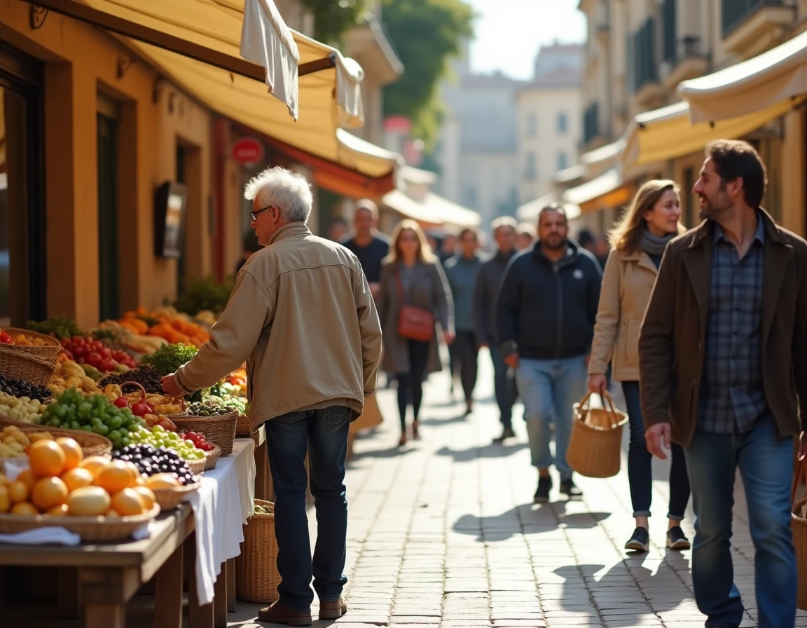 Marché animé de quartier à Nîmes avec étals de produits locaux et habitants faisant leurs courses le matin