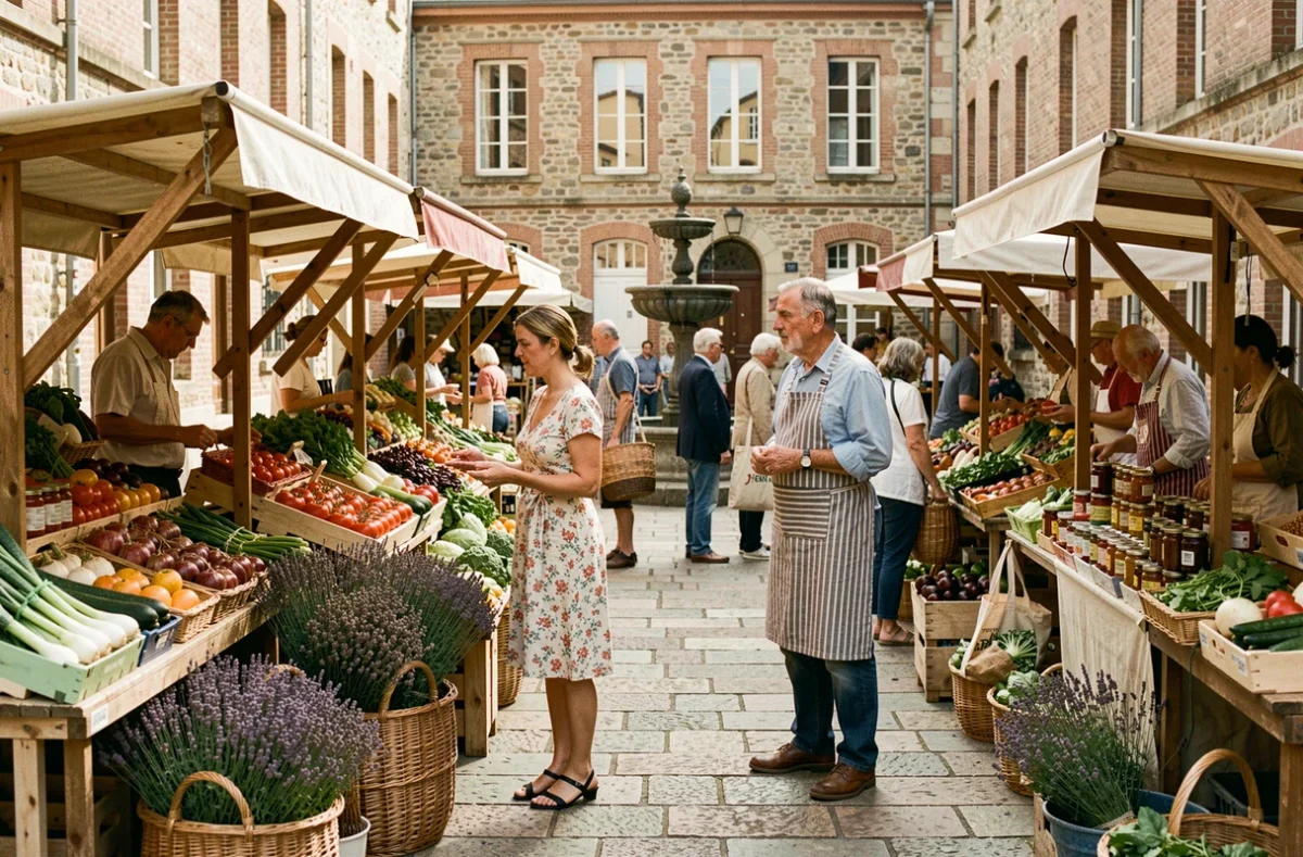 Marché de quartier animé sur une place de Saint-Étienne avec des habitants faisant leurs courses en plein air