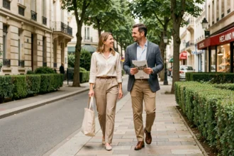 Couple de cadres se promenant dans une avenue résidentielle chic d'une ville de l'Île-de-France, façades haussmanniennes en arrière-plan