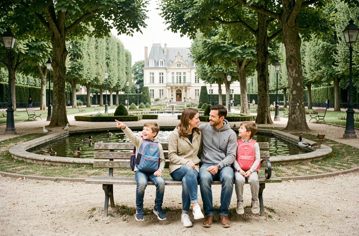 Famille avec enfants profitant d'un parc municipal verdoyant dans une ville résidentielle de l'Île-de-France, atmosphère paisible et conviviale