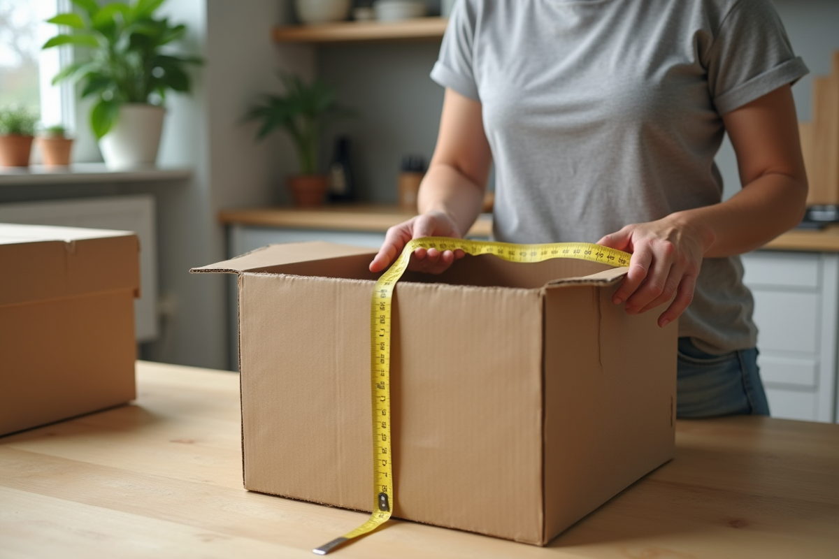 Personne mesurant une boîte en carton dans la cuisine