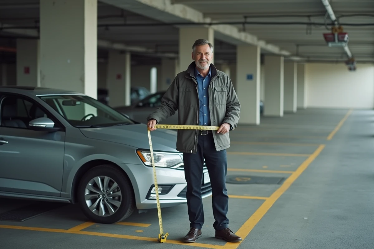 Homme mesurant la largeur d'une place de parking avec un mètre ruban dans un parking souterrain