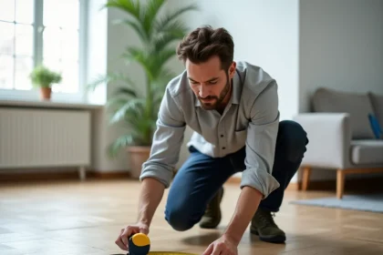 Homme mesurant un mètre carré au sol avec un mètre ruban dans un appartement moderne