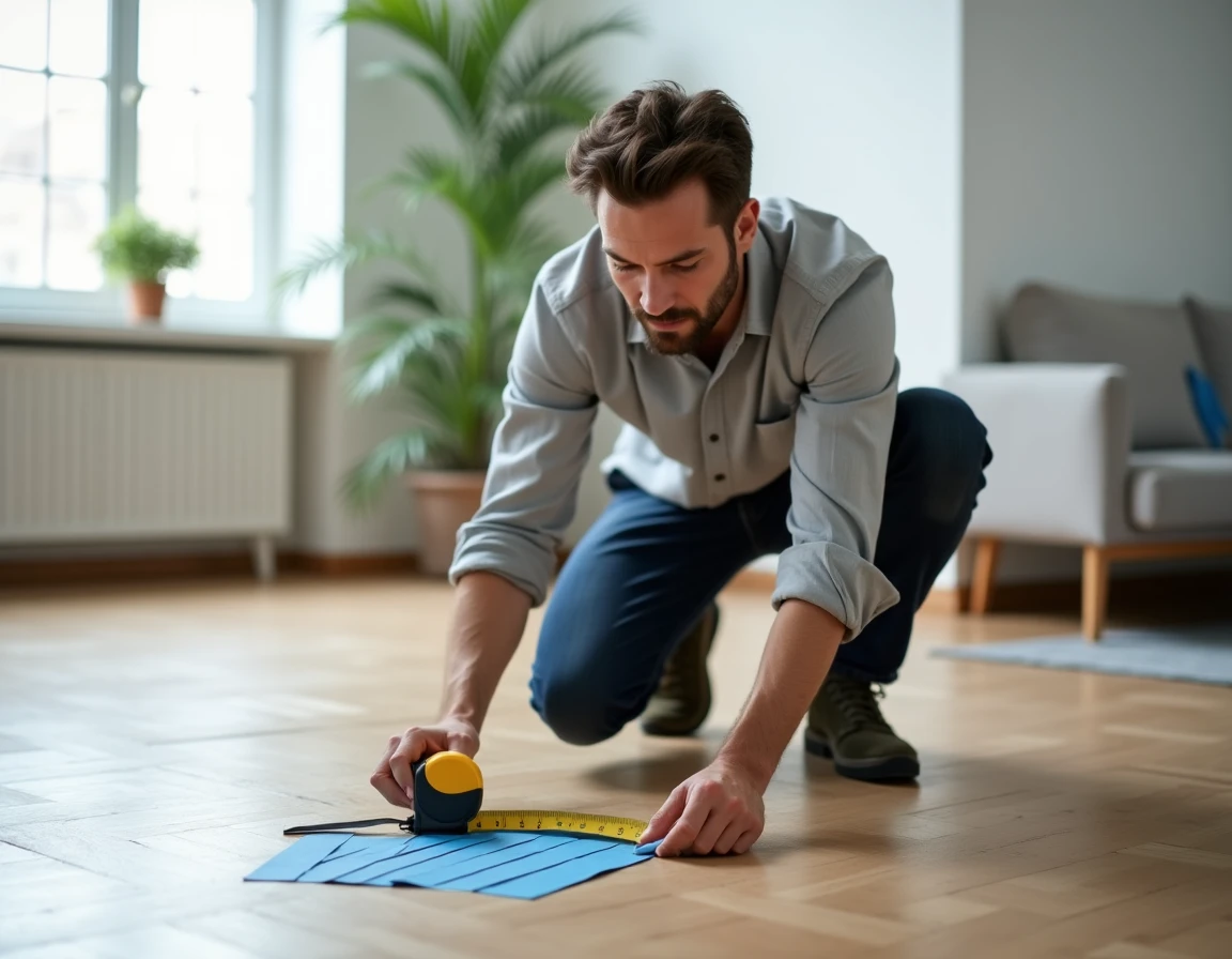 Homme mesurant un mètre carré au sol avec un mètre ruban dans un appartement moderne