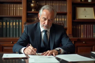 Notaire à Limoges examinant des documents officiels dans son étude traditionnelle avec mobilier en acajou et bibliothèque juridique