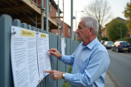 Homme examinant un panneau de déclaration de travaux fixé sur une clôture de chantier résidentiel