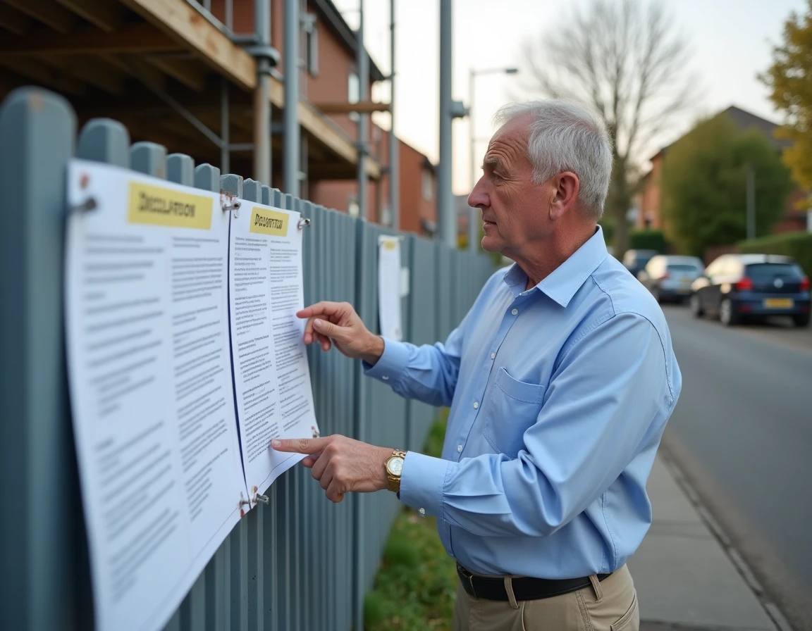 Homme examinant un panneau de déclaration de travaux fixé sur une clôture de chantier résidentiel