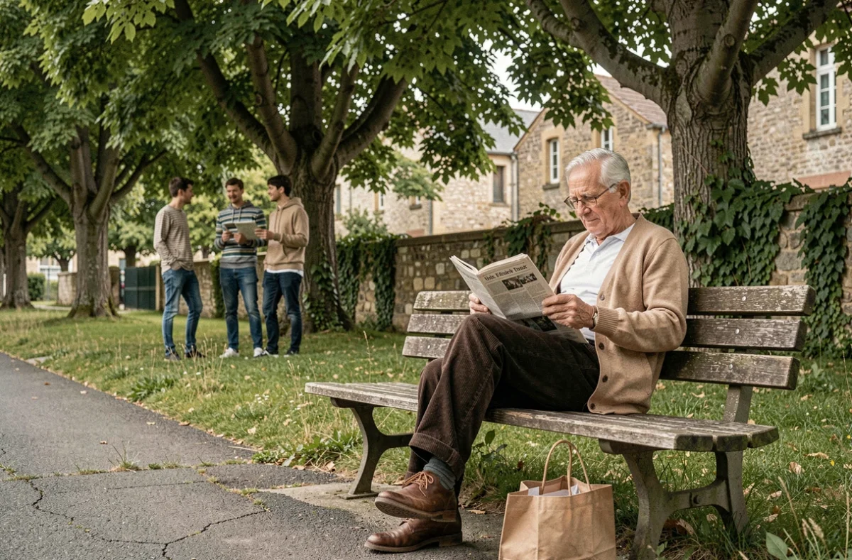 Parc de quartier verdoyant à Saint-Étienne avec des habitants se reposant sous les marronniers